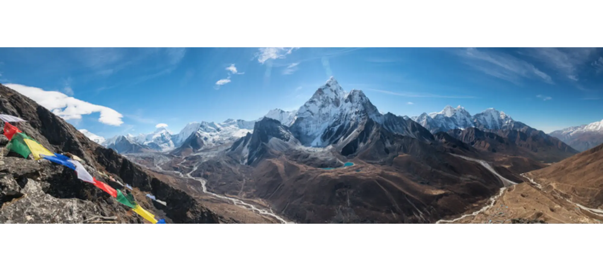 Panoramabild över Himalaya med Mount Everest i mitten.